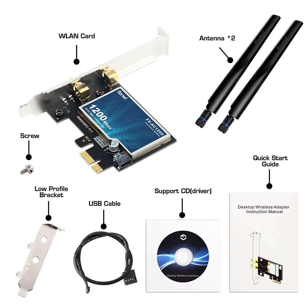 Scheda di rete FENVI WiFi 5 PCI-E AC1200 Dual Band 1200Mbps 2.4G/5GHz 802.11AC con Bluetooth 4.0 per desktop Windows 10/11 Linux