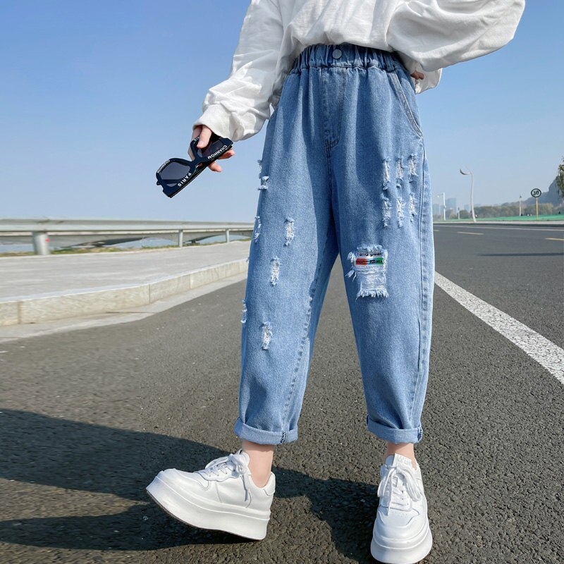 Nova moda crianças jeans rasgado para meninas adolescentes caber primavera outono calças de brim do bebê menina cintura elástica calças de brim criança calças casuais