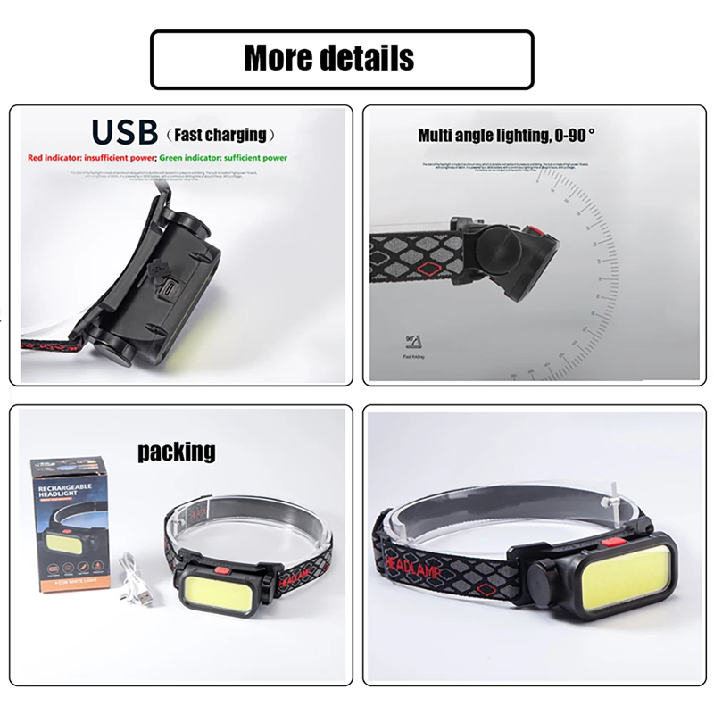 Bærbare kraftfulde led-pandelamper med 4 tilstande, usb-genopladelig cob-pandelampe med rødt lys, vandtæt, natfiskeri, pandelampe, lommelygte