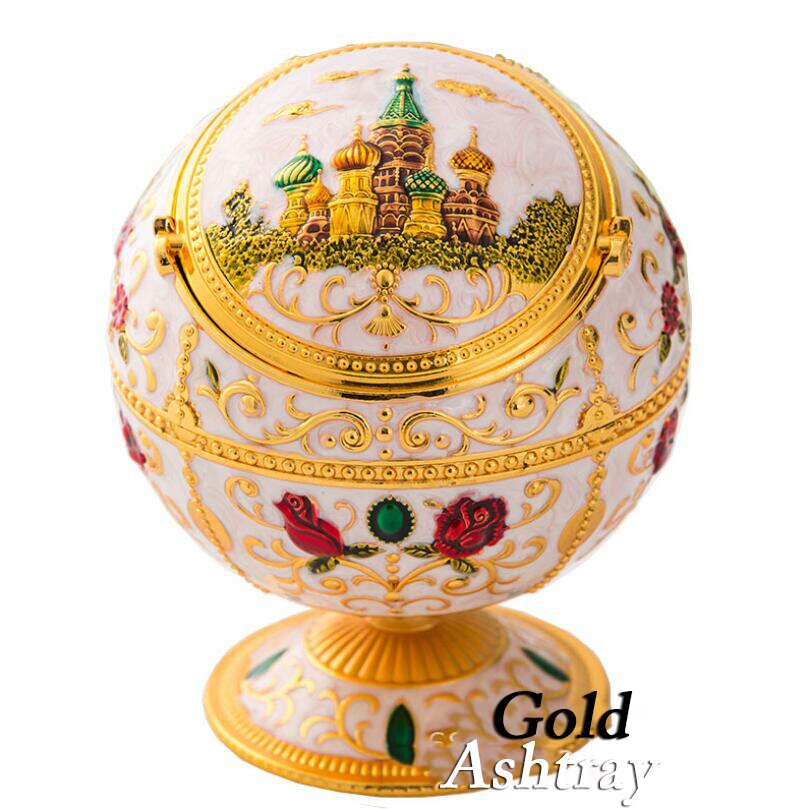 Luxe gouden schilderij asbak, ronde asbak, asbak van metaallegering, herenasbak met deksel, draagbare asbak voor op tafel.