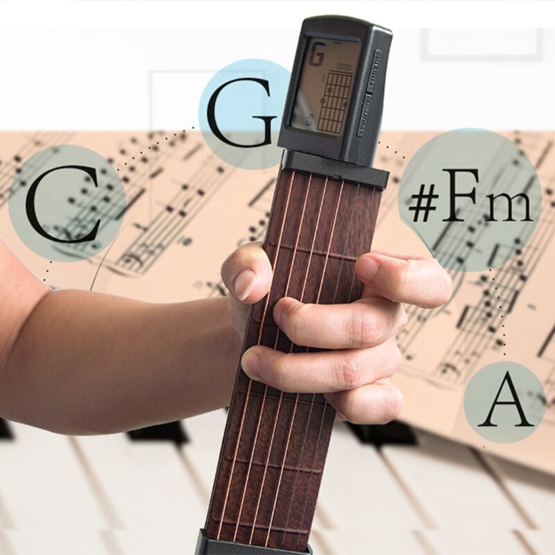 Pocket Guitar Chord Practice Tool, Portable Guitar Neck for Beginner w/a Rotatable Chords Chart Screen(Battery Included)