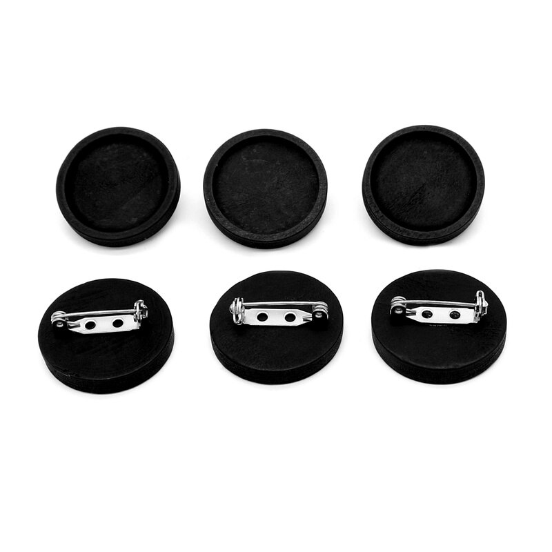 10 stuks lege zwarte hout cabochon broche base fit 25mm ronde bezel tray broches rvs pin backs voor diy sieraden maken