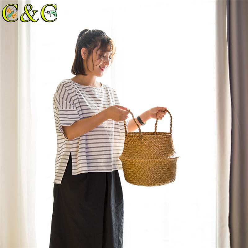 Folding Flower Pot Plant Straw Storage Seagrass Baskets Flower Vase Handmade Hanging Basket Flower Home Decor