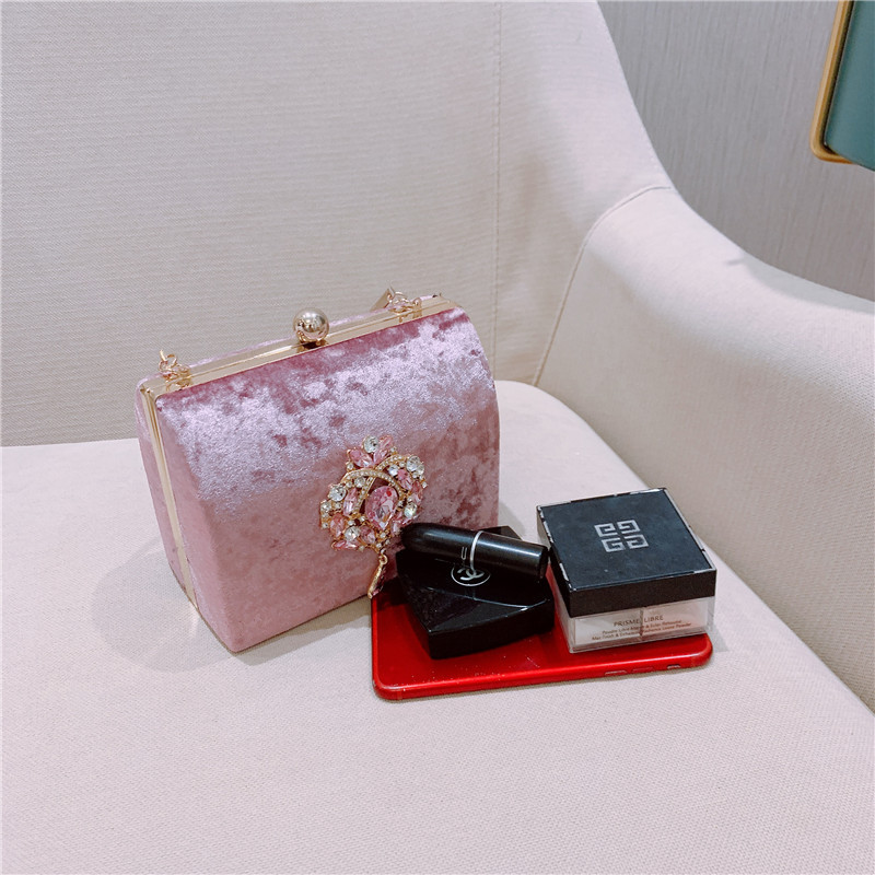 Luxury Boxed Evening Bag Velvet Retro Square Handbag Female Diamond Clutch Bag Gold Wedding Party Purse