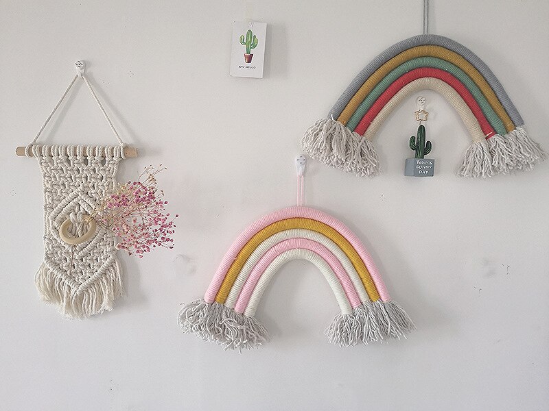 Adornos colgantes de arcoíris tejidos a mano, decoración de pared para habitación de bebés y niñas, colgantes para guardería, accesorios para habitación de niños