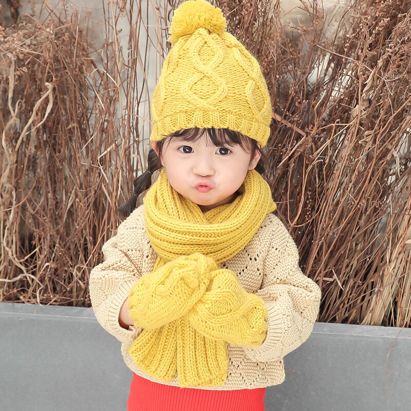 Kids Jongens Meisjes Winter Warm Breien Sjaal Hoed Handschoen Kinderen Baby Sjaals Effen Kleur Geel Rood Gebreide Caps