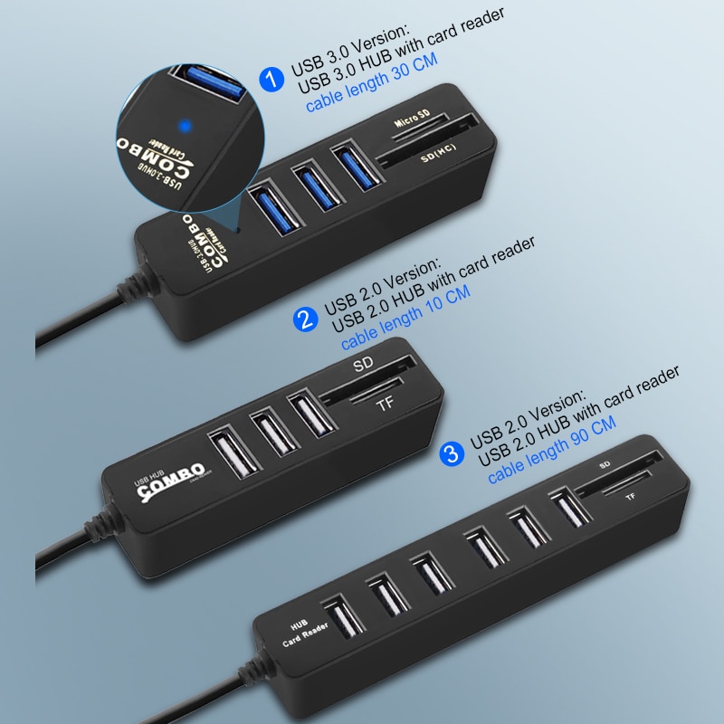 Hub multi USB 3.0/2.0 haute vitesse, 3/6 ports et lecteur de carte SD/TF, adaptateur tout-en-un, accessoires pour ordinateur