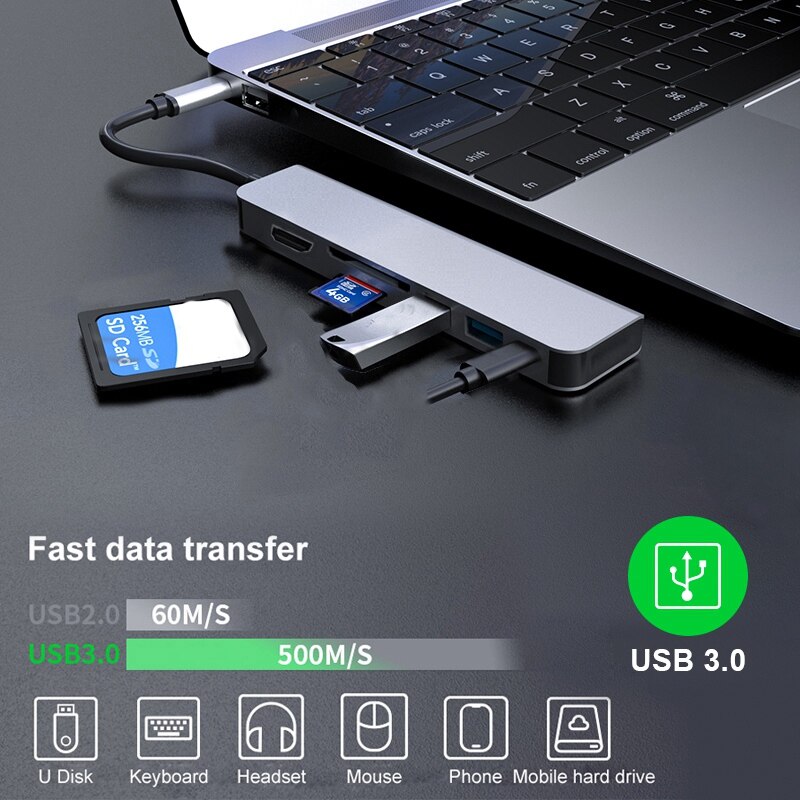 6-In-1 Type-C to HDMI Docking Station PD Fast Charging for Air Pro Notebook with USB Wide Compatibility
