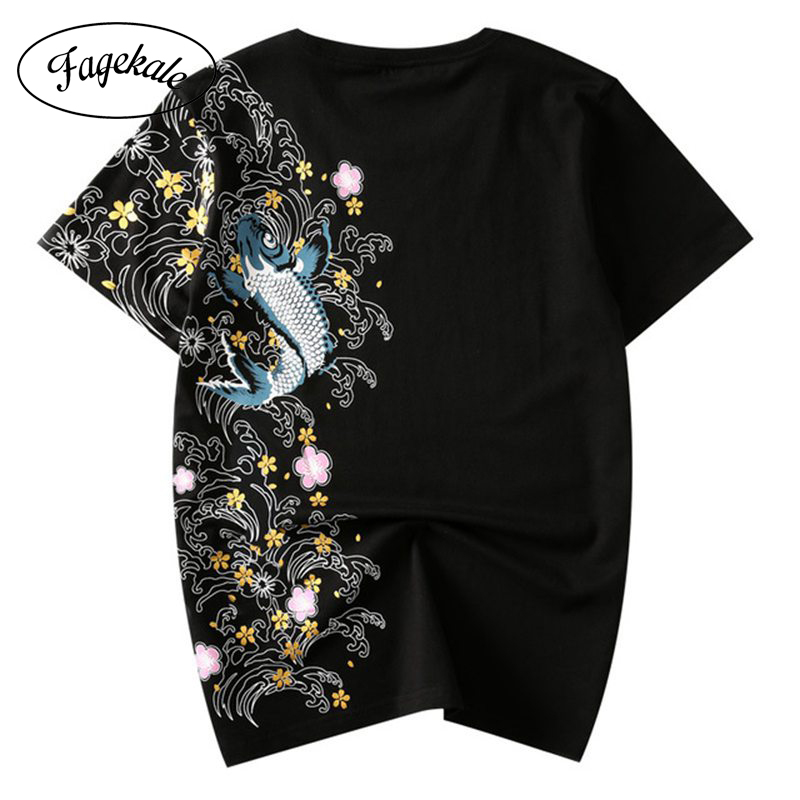 Zomer Tij Mannen T-shirt Korte Mouw Ronde Hals Chinese Stijl Karper Borduurwerk Patroon Katoenen Shirt T-shirt Mannen