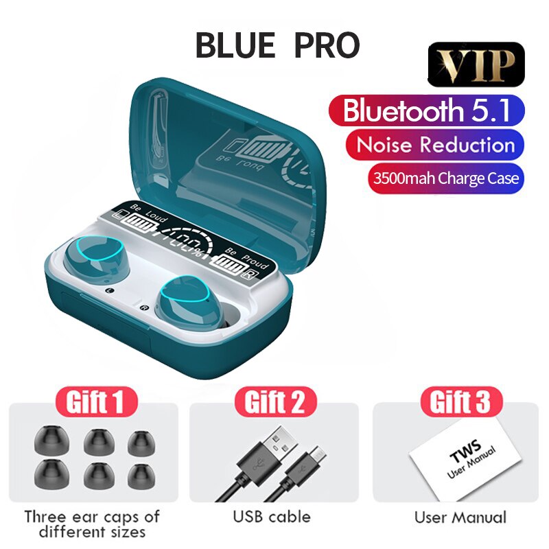 3500mAh TWS Wireless Headphones Bluetooth V5.1 Earphones Sports Earbuds HIFI Stereo Waterproof Touch Control LED Display Headset: Blue Pro