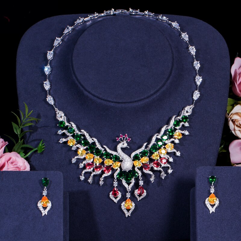 CWWZircons Luxury Multicolored Cubic Zirconia Big Peacock Choker Necklace Wedding Jewellery Set Bridal Costume Jewelry T331