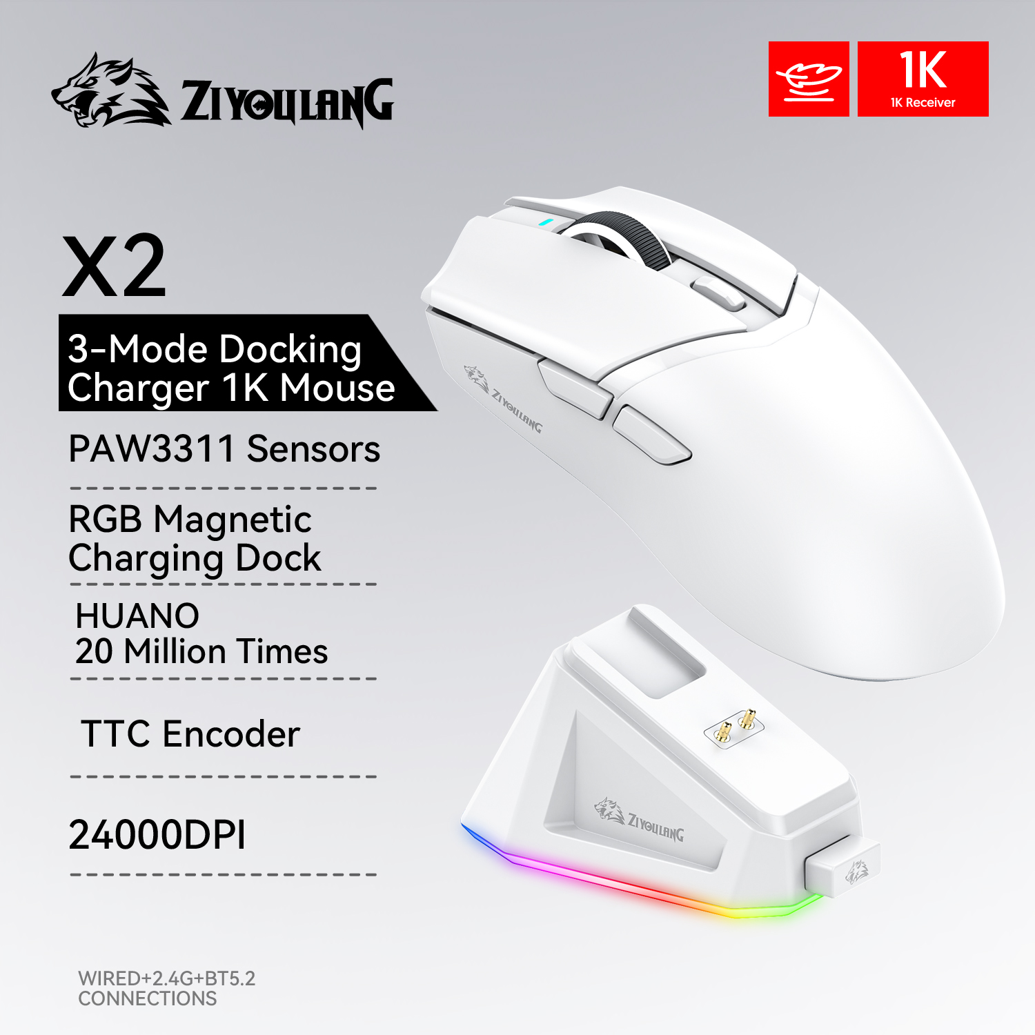 Mysz do gier X2 RGB ładowarka magnetyczna bezprzewodowa, 24000 DPI, 1K powrót połączenie trójtrybowe Bluetooth, mysz do gier makro PAW3311: WHITE