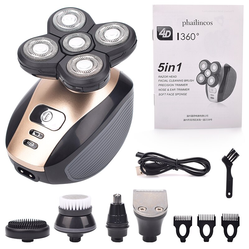 Máquina de afeitar eléctrica recargable para hombres, 5 en 1, con cinco cabezales flotantes, para el pelo, cortador de pelo de los oídos, cepillo de limpieza facial