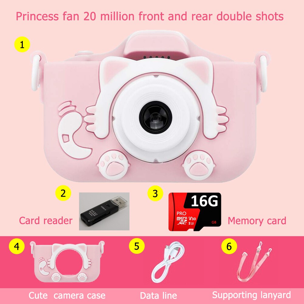 Kids Camera Leuke Baby Speelgoed Kat Mini Digitale Hd Camera 2000W Ips Scherm Voor Kinderen Jongens Meisjes verjaardag Christmas: PINK 16G SD CARD