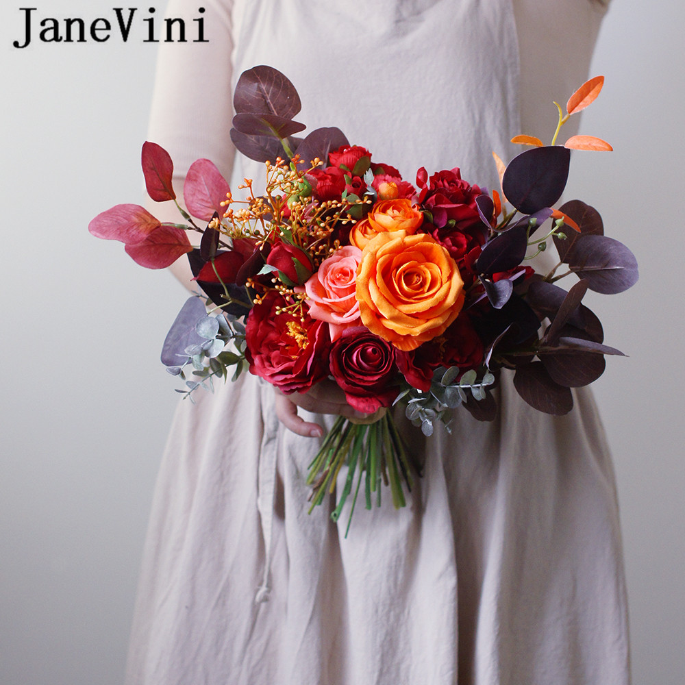 Janevini vintage höst vinter bröllop blommor brudbuketter imitation blomma röd orange ros blad brud brosch bukett