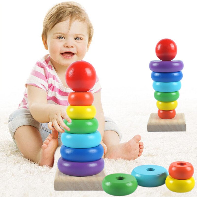 Nourrissons enfants en bois sept jouets de couleur serviette arc-en-ciel tour Jenga anneau Science jouet éducatif