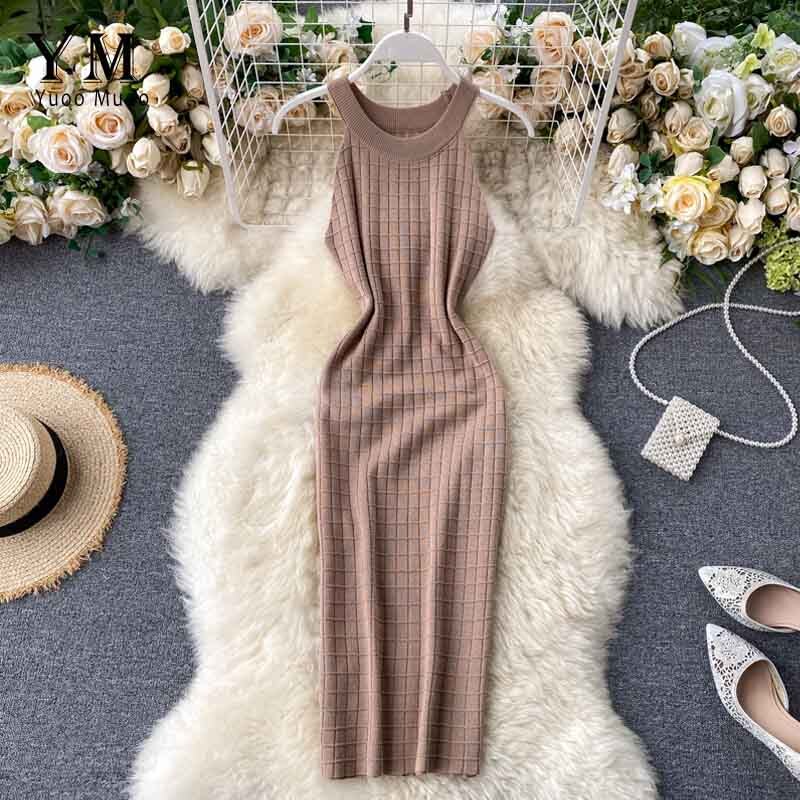 YuooMuoo-robe moulante, à la pour femmes, col licou, en tricot, sans manches, Streetwear, nouveauté pour l'été: Marron