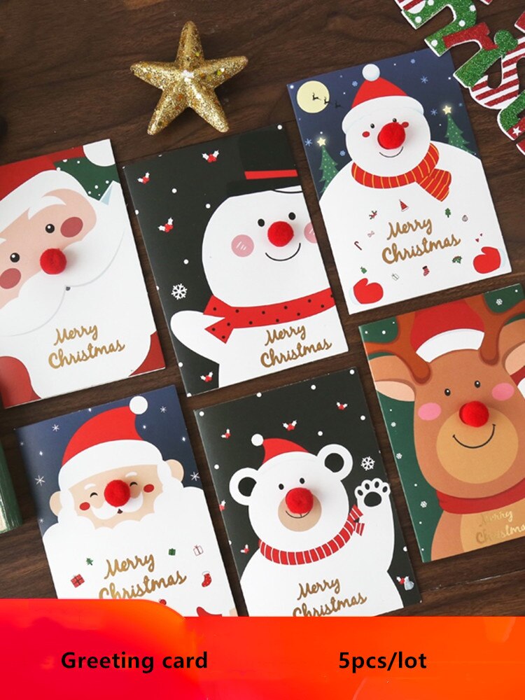 5pcs Merry Christmas Greeting Cards Envelope Kids Year Cartoon Xmas Party Decorations Postcard DIY Blessing Cards