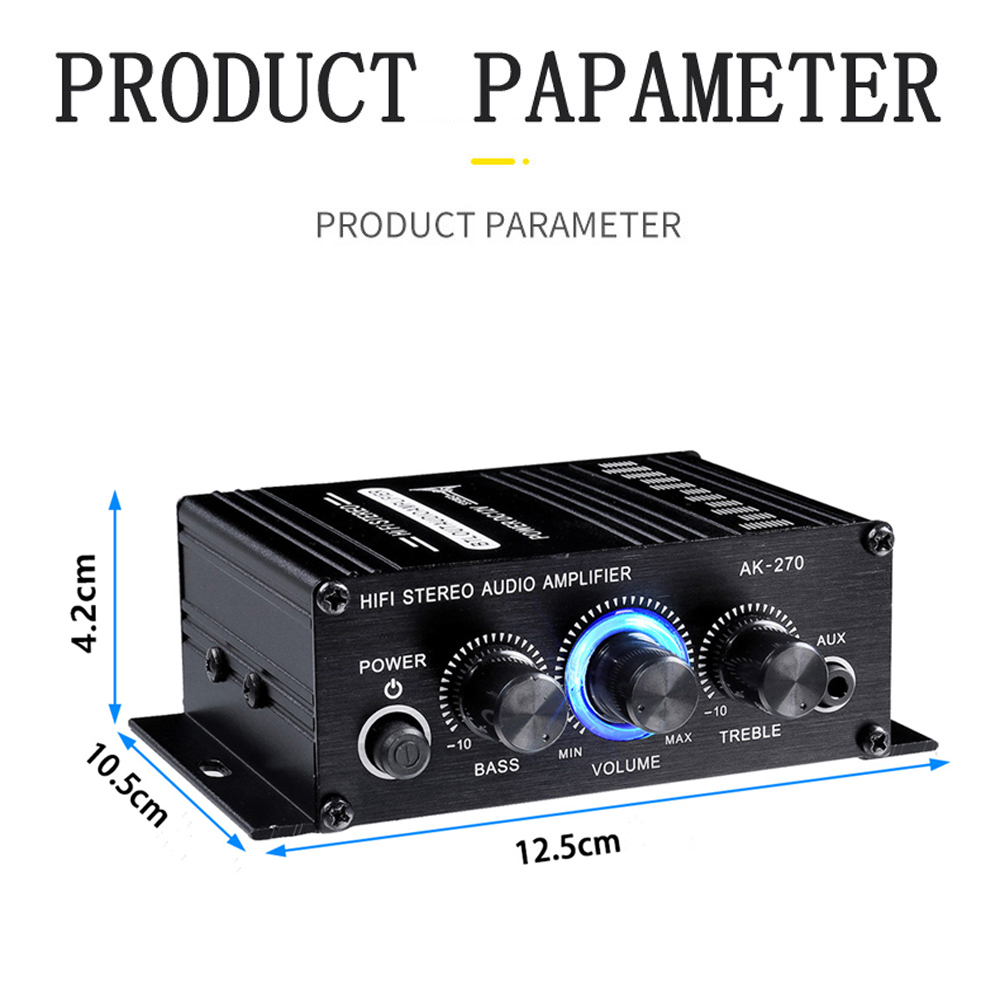 AK-270 Amplificatore audio Canale audio 2.0 Amplificatore audio digitale HIFI Stereo Ingresso AUX Mini amplificatore audio portatile per auto e casa