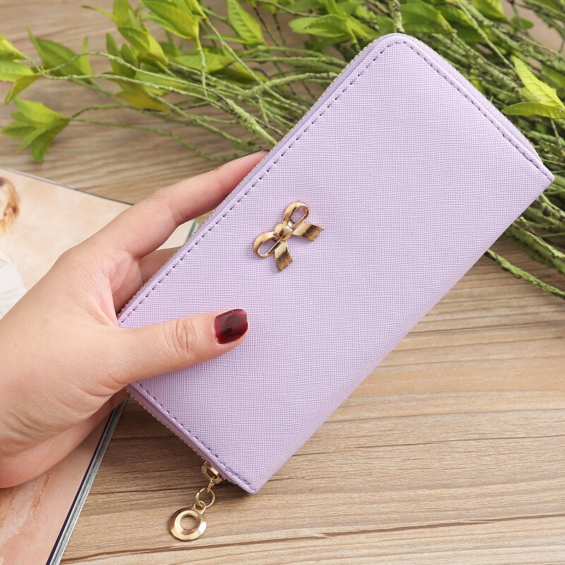 Kaarten Wallet Dames Leuke Strik Vrouwen Lange Portemonnee Effen Kleur Clutch Bag Pu Lederen Portemonnee Telefoon Kaart houder Tas: Light Purple