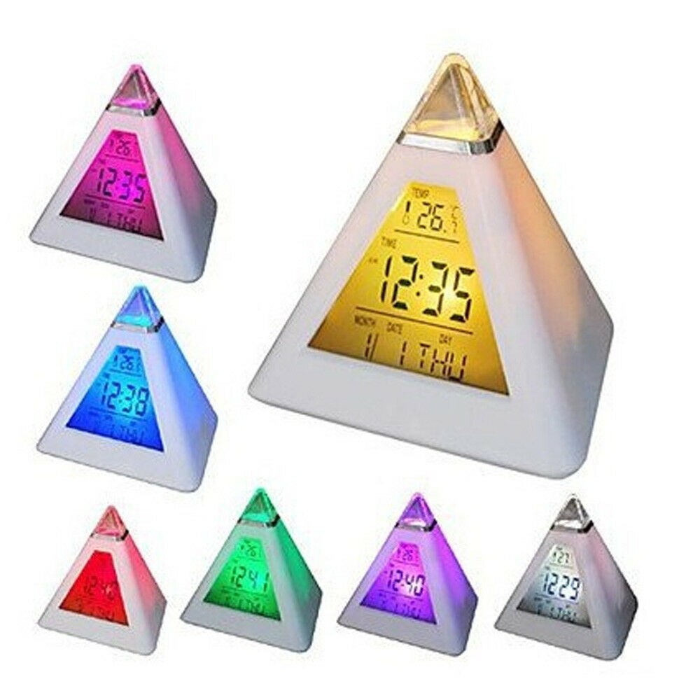 Lcd Wekker Nachtlampje Thermometer Digitale Wandklok Verwisselbare 7 Kleuren Kleurrijke Piramide Led Klok Home Decor Accessorier