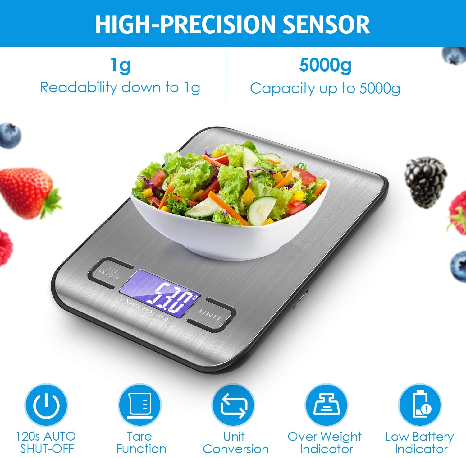 USB Digital Kitchen Scale 5kg/1g Food MultiFunction Stainless Steel Balance LCD Display Measuring Ounces Cooking Baking Tool