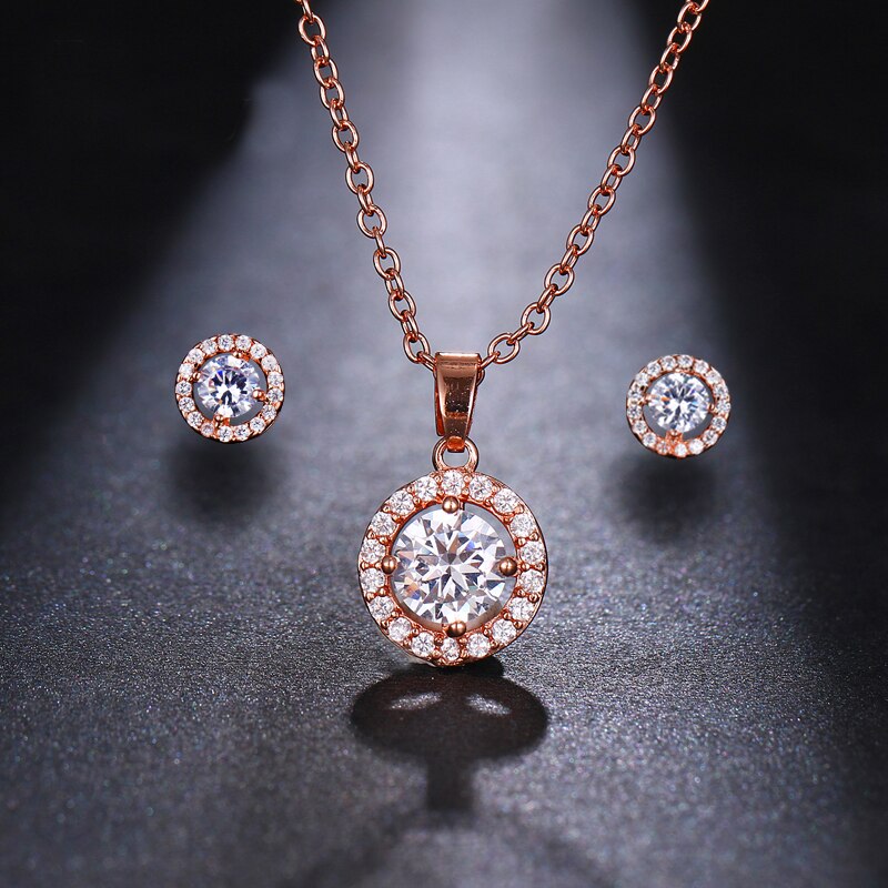 Bettyue Neue Einfachheit Stil Runde AAA Zirkonia Elegante Anhänger Halsketten Ohrringe Schmuck setzt Frauen in Modische Party: Rose Gold