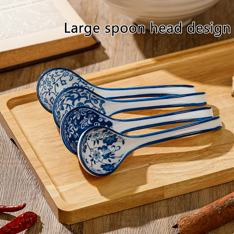 Juego de vajilla para el hogar, cucharas de sopa de cerámica, estilo chino Retro, juego combinado de cucharas de sopa de porcelana azul y blanca, 4 Uds.
