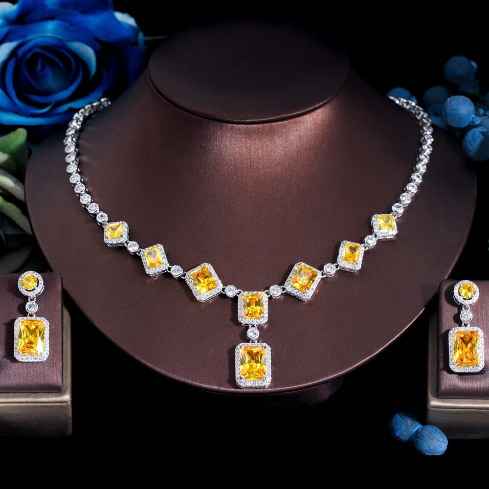 Threegraces Elegante Geel Zirconia Geometrische Plein Oorbellen Ketting Bruids Bruiloft Sieraden Set Voor Vrouwen TZ694
