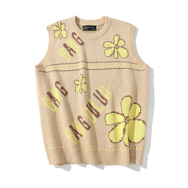 95%  bomulds vintage strik vest herre trøjer blomsterprint brun efterår jacquard ærmeløs trøje koreansk tøj: Khaki / M