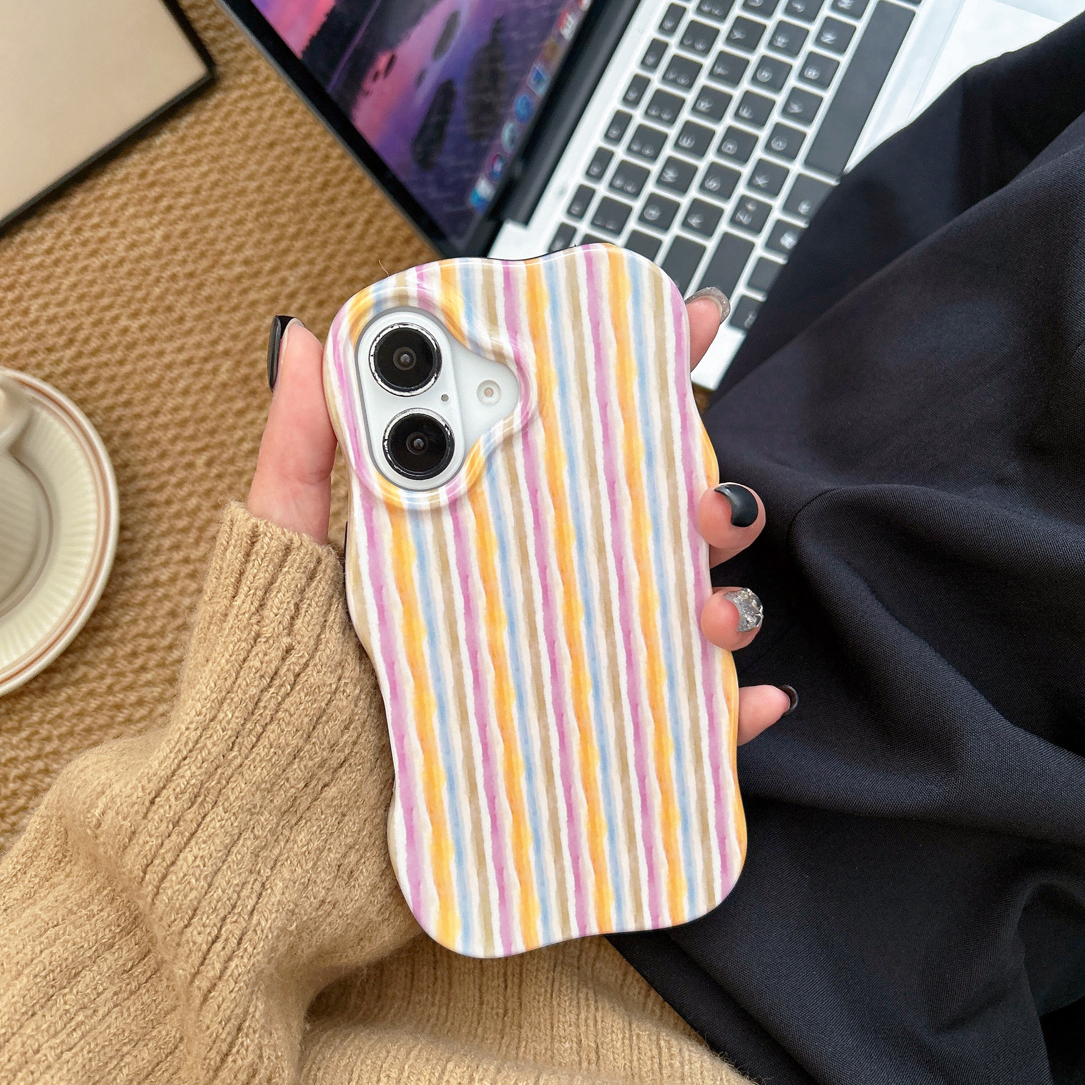2 in 1 Glossy Stripes Phone Case for iPhone 13 14 15 16 Pro Max Wave Edges Comfortable Touch Hard Slim Back Cover Shell: Purple Pink / For iPhone 13 Pro
