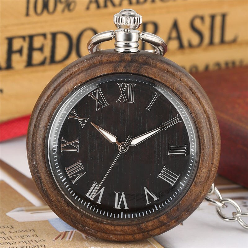 Quartz Wooden Pocket Watch Men Keychain Luminous Chain Wood Men Pendant Watch Clock Dial Warcraft: Ebony