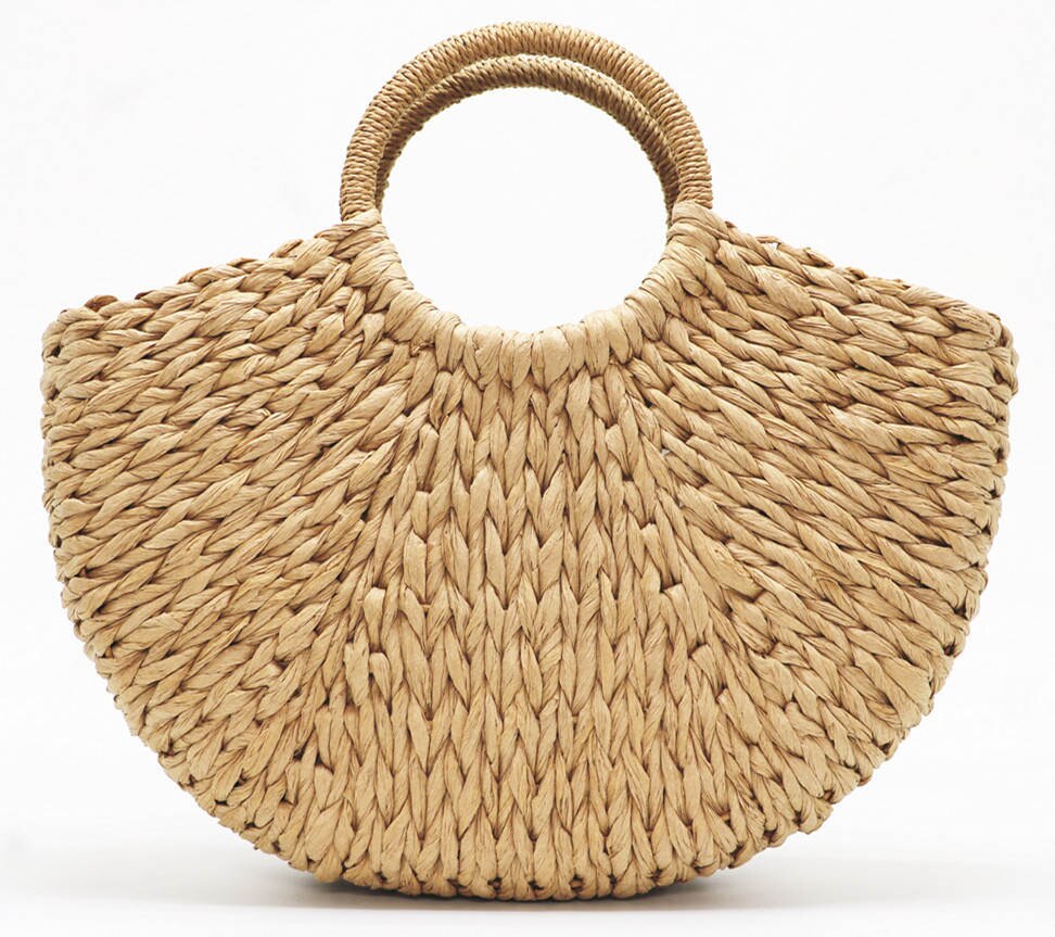 Handmade Bag Women Pompon Beach Weaving Ladies paper Straw Bag Wrapped Beach Bag Moon shaped Bag: brown / With lining