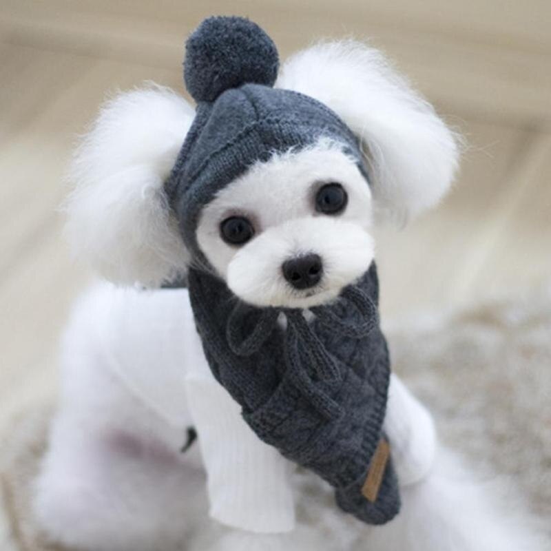 Winter Warm Stripes Gebreide Hoed Voor Honden + Sjaal Kraag Puppy Teddy Kostuum Kerst Kleding Santa Hond Kostuum: darkgray / S