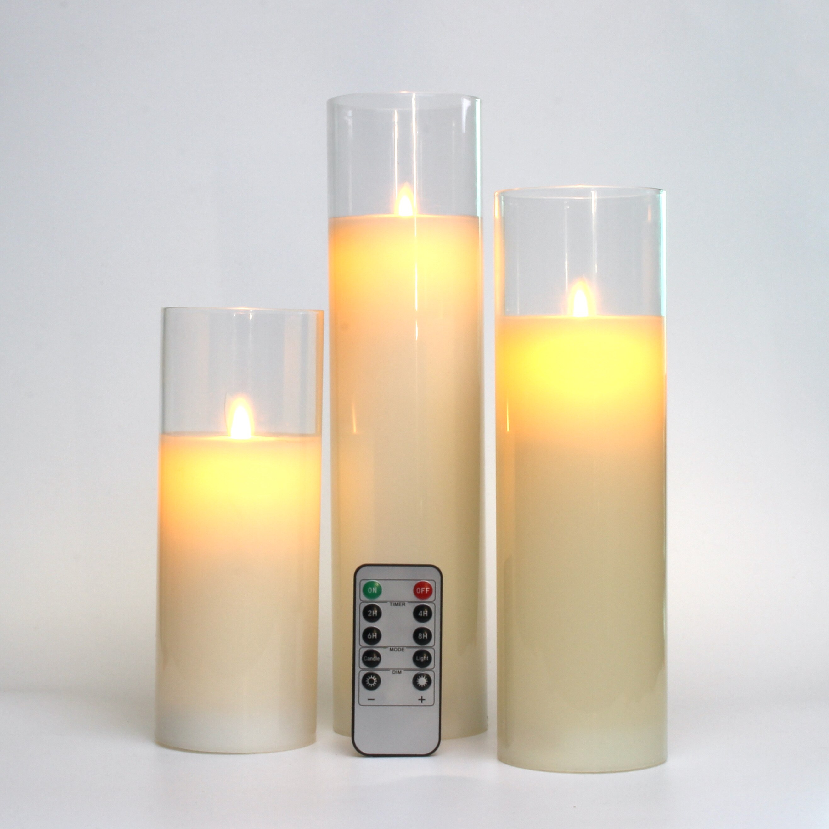 Glass Flameless Candles Set 8" 10" 12" Battery Operated Real Wax Pillars Glass LED Candles With Remote Control Cycling Timer
