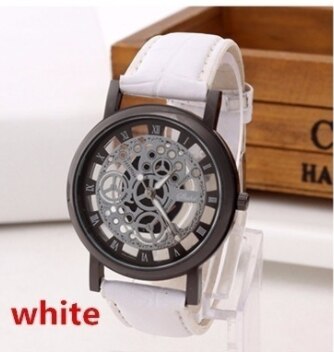 Business Skeleton Horloge Mannen Gravure Holle Reloj Hombre Jurk Quartz Horloge Lederen Band Vrouwen Klok: WHITE