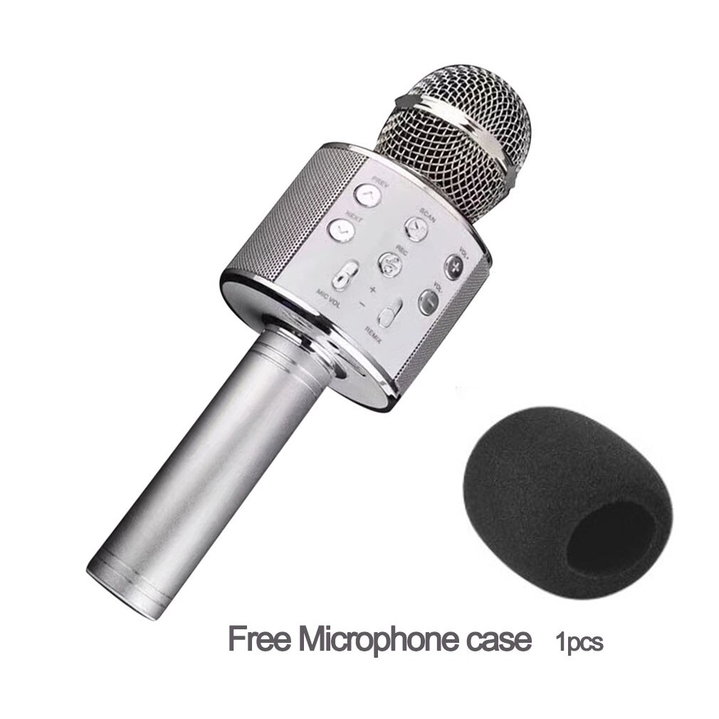 WS858 Portable Bluetooth Karaoke Microphone Wireless Speaker Home KTVHandheld Microphone Free Microphone caseClean: silver
