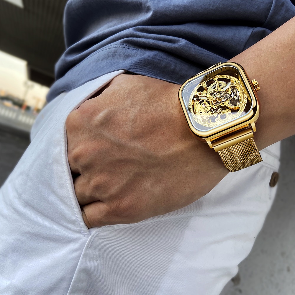 Forsining Mannen Mechanische Horloges Automatische Self-Wind Golden Transparante Mode Mesh Steel Horloge Skeleton Man Mannelijke Uur