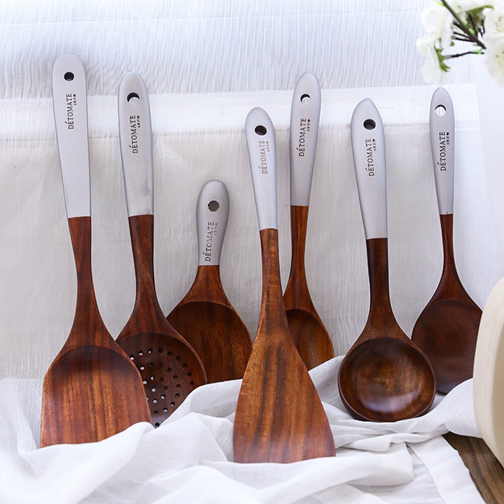 Laca de teca sencilla, utensilios de cocina coloridos, cocina de madera maciza, utensilios domésticos de cocina respetuosos con el medio ambiente