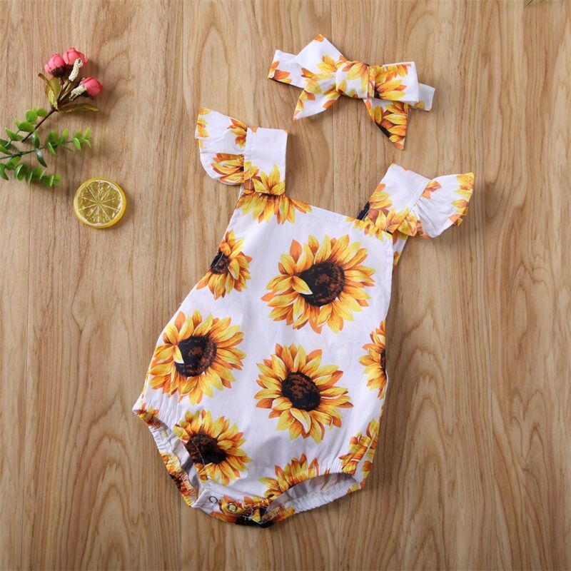 Babymeisjes jongens bodysuit zonnebloemen print ruches mouw jumpsuit hoofdband outfits kleding zomer