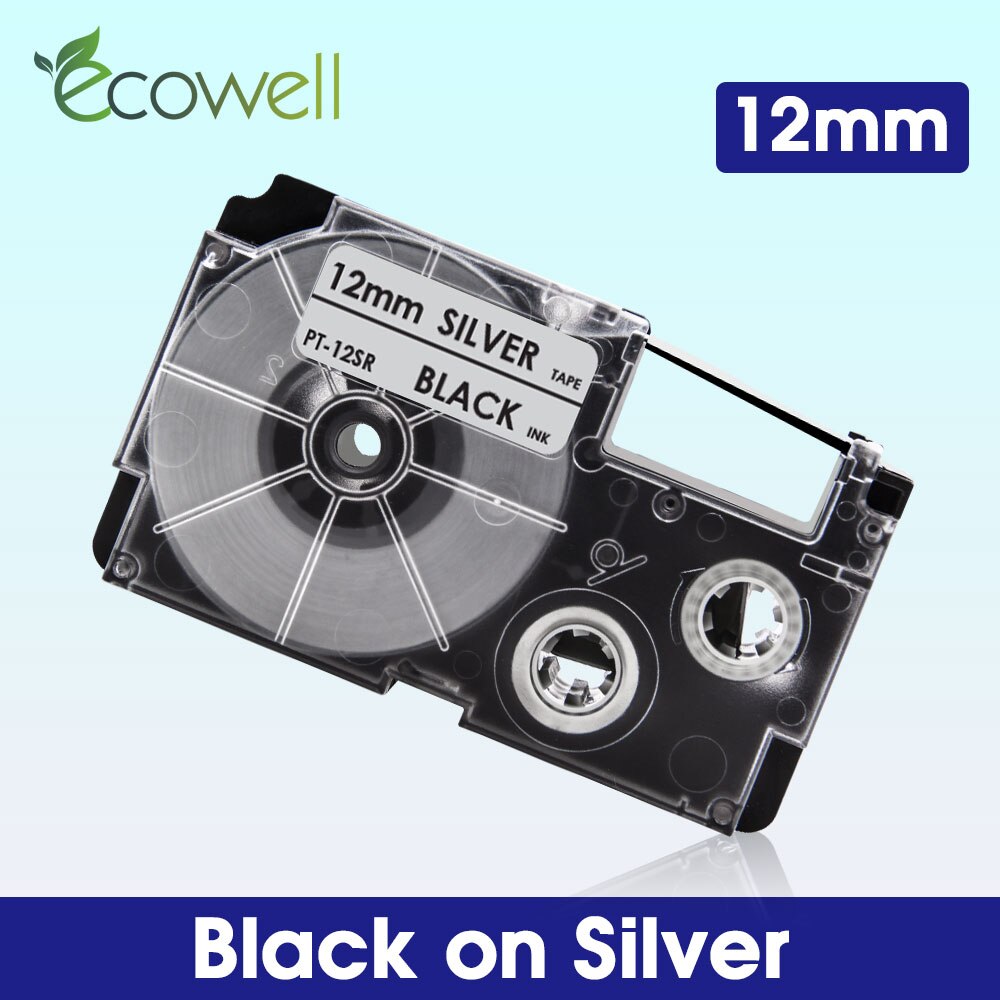 Ecowell XR-12WE XR-12RD XR-12BU XR-12YW XR-12GN Multicolor Casio label tape compatible for KL-60 KL-60SR KL-750 EZ Label Maker: Black on Silver