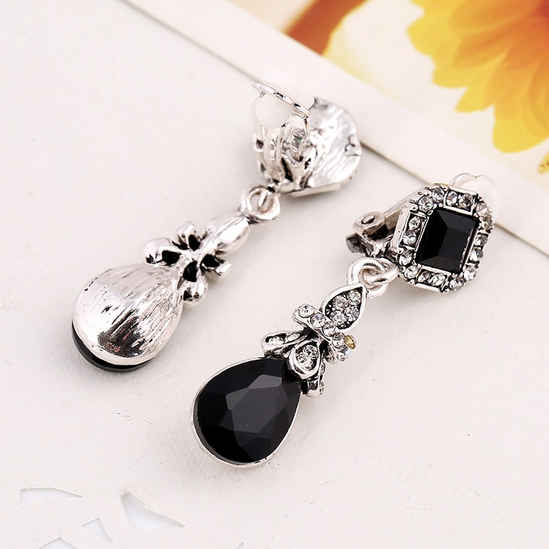 Black WaterDrop Clip Earrings Without Piercing Long for Women Resin Rhinestone Vintage Bohemia Style Clip On Earrings