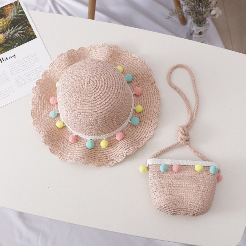 Sombrero tejido de paja bolso bandolera para niña de verano dibujo bonito fresa playa viaje protector solar onda de encaje gorra de sol U5: U6 Pink