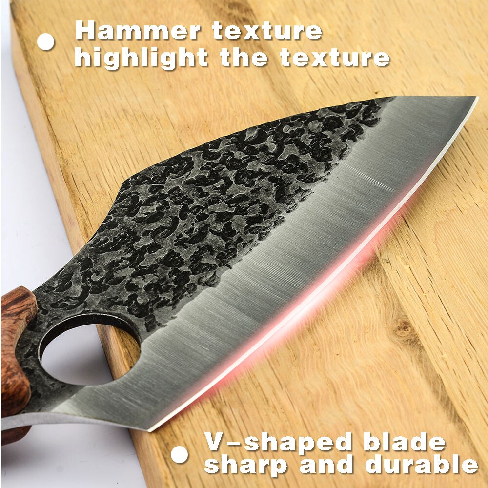 2PCS Chopping Knife Set Leather Cover Sheath Hollow Blade Stainless Steel Cleaver Butcher Bone Deboning Slicer Chopper