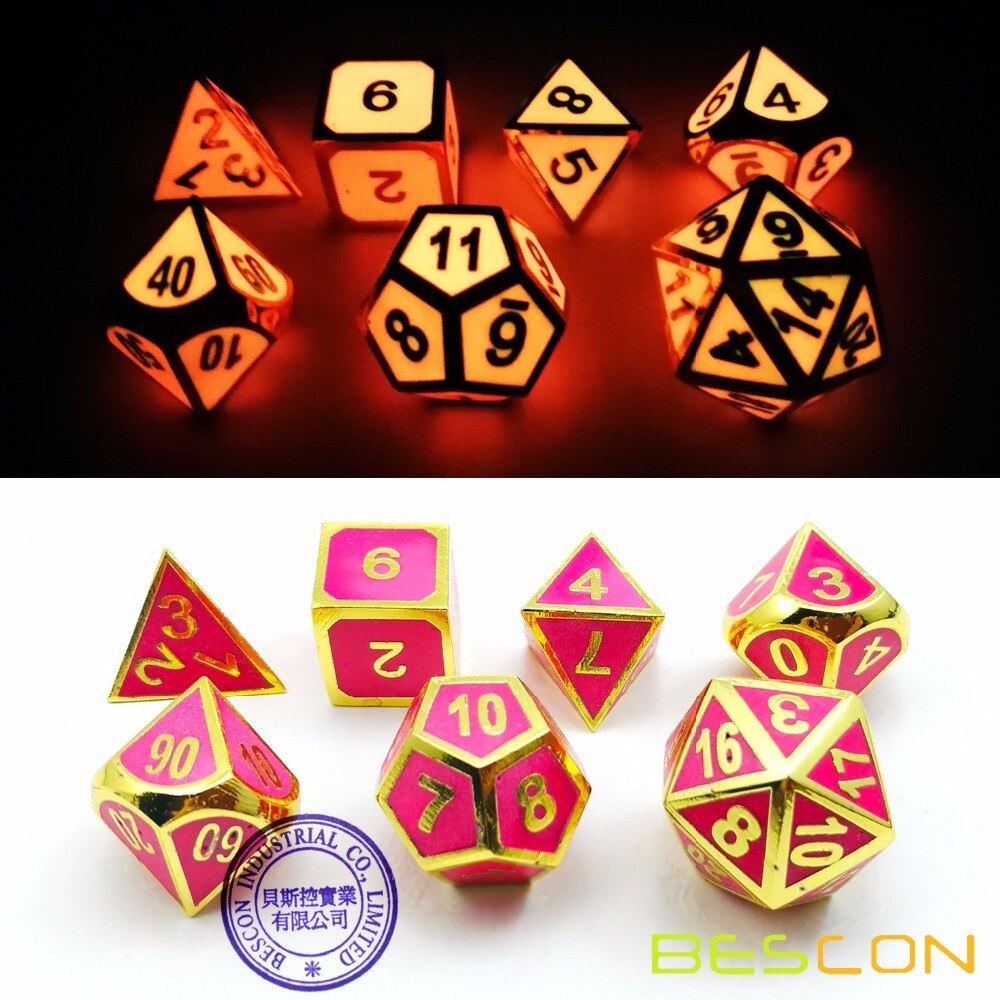 Bescon Super Glow in the Dark Metal Polyhedral Dice Set Golden and Rose, Luminous Metallic RPG Role Playing Game Dice 7pcs Set