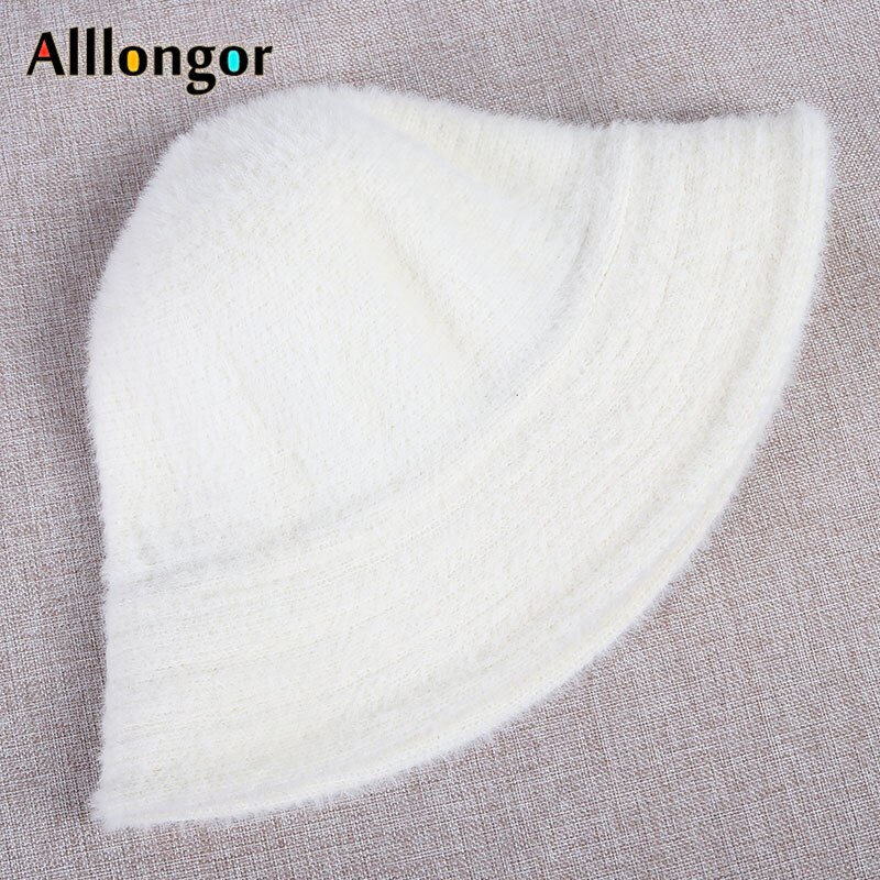 Winter Hat Women Bucket Hat Femme Autumn Warm Solid Casual Plush Faux Fur fishing cap Solid Wool fisherman&#39;s hats mujer: white