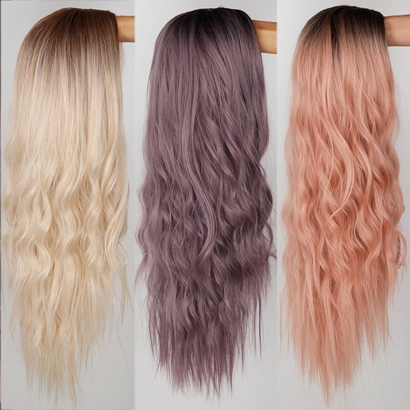 Feeli pink / latin / lilla farve lang bølget frisure parykker til kvinder ombre syntetisk hår høj temperatur fiber gennemsnitlig størrelse