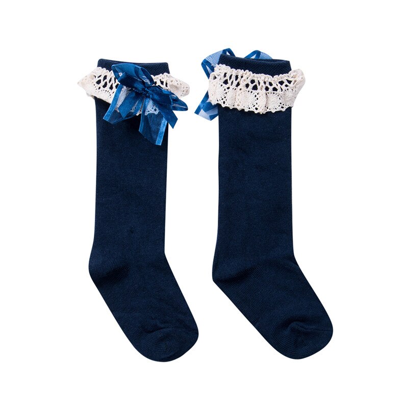 Cute Girl Kid Knie Hoge Stocking Lente Herfst Prinses Kant Boog Baby Peuter Warm Kousen Meisjes 1-6Y: Marineblauw / 1 to 3T