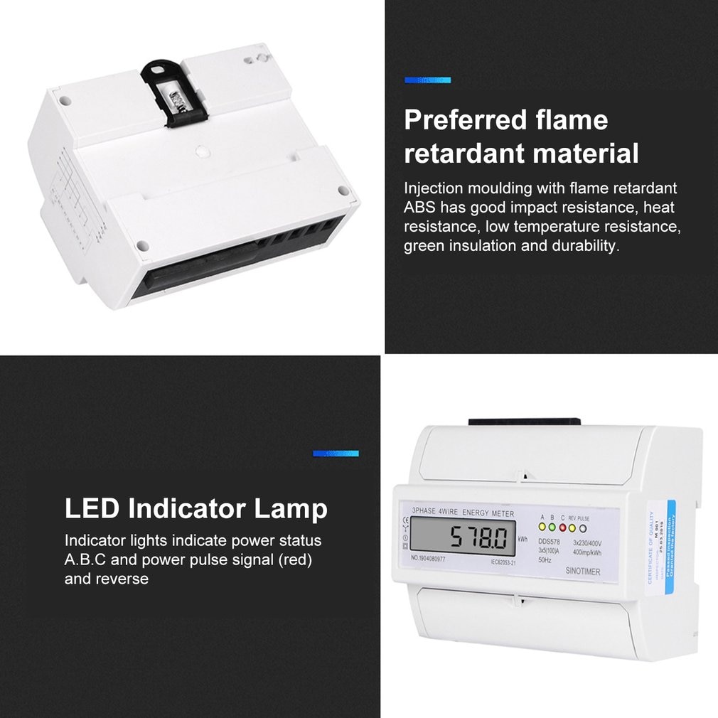 DDS578 Three Phases 4 Wires 5-100A 380V Digital Wattmeter Electricity Consumption Measurement 7P LCD Rail Meter