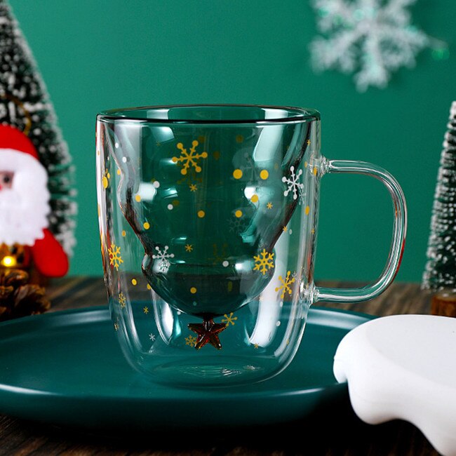 Schattige kerstboommok, dubbelwandige glazen koffiekopjes met siliconen deksel, sneeuwvlokster, kerstwijn, thee, melk, water, beker: A 300ml